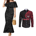 Personalized Essendon Bombers Polynesian Couples Matching Mermaid Dress and Long Sleeve Button Shirt Tribal Chest and Sleeve Tattoo Heritage Warrior