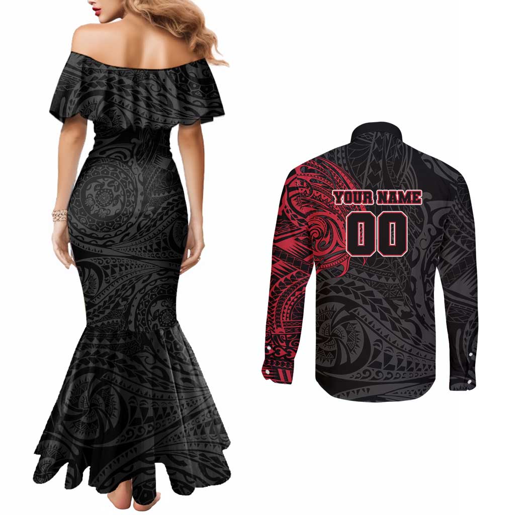 Personalized Essendon Bombers Polynesian Couples Matching Mermaid Dress and Long Sleeve Button Shirt Tribal Chest and Sleeve Tattoo Heritage Warrior