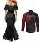 Personalized Essendon Bombers Polynesian Couples Matching Mermaid Dress and Long Sleeve Button Shirt Tribal Chest and Sleeve Tattoo Heritage Warrior