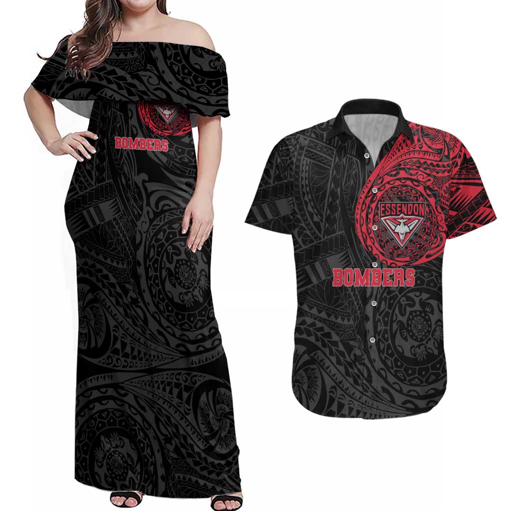 Personalized Essendon Bombers Polynesian Couples Matching Off Shoulder Maxi Dress and Hawaiian Shirt Tribal Chest and Sleeve Tattoo Heritage Warrior
