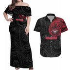 Personalized Essendon Bombers Polynesian Couples Matching Off Shoulder Maxi Dress and Hawaiian Shirt Tribal Chest and Sleeve Tattoo Heritage Warrior