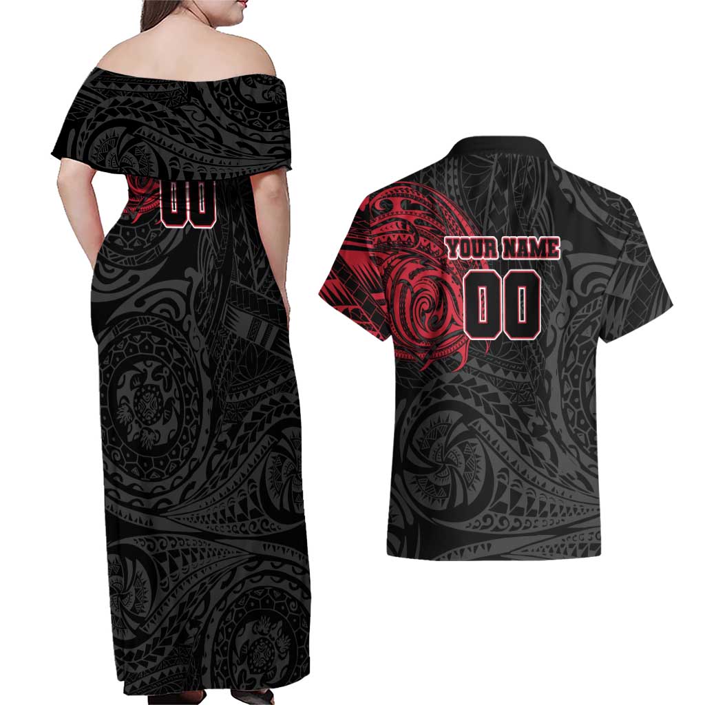 Personalized Essendon Bombers Polynesian Couples Matching Off Shoulder Maxi Dress and Hawaiian Shirt Tribal Chest and Sleeve Tattoo Heritage Warrior