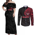 Personalized Essendon Bombers Polynesian Couples Matching Off Shoulder Maxi Dress and Long Sleeve Button Shirt Tribal Chest and Sleeve Tattoo Heritage Warrior