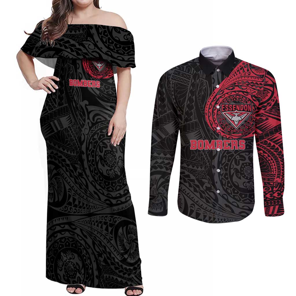 Personalized Essendon Bombers Polynesian Couples Matching Off Shoulder Maxi Dress and Long Sleeve Button Shirt Tribal Chest and Sleeve Tattoo Heritage Warrior