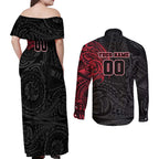 Personalized Essendon Bombers Polynesian Couples Matching Off Shoulder Maxi Dress and Long Sleeve Button Shirt Tribal Chest and Sleeve Tattoo Heritage Warrior
