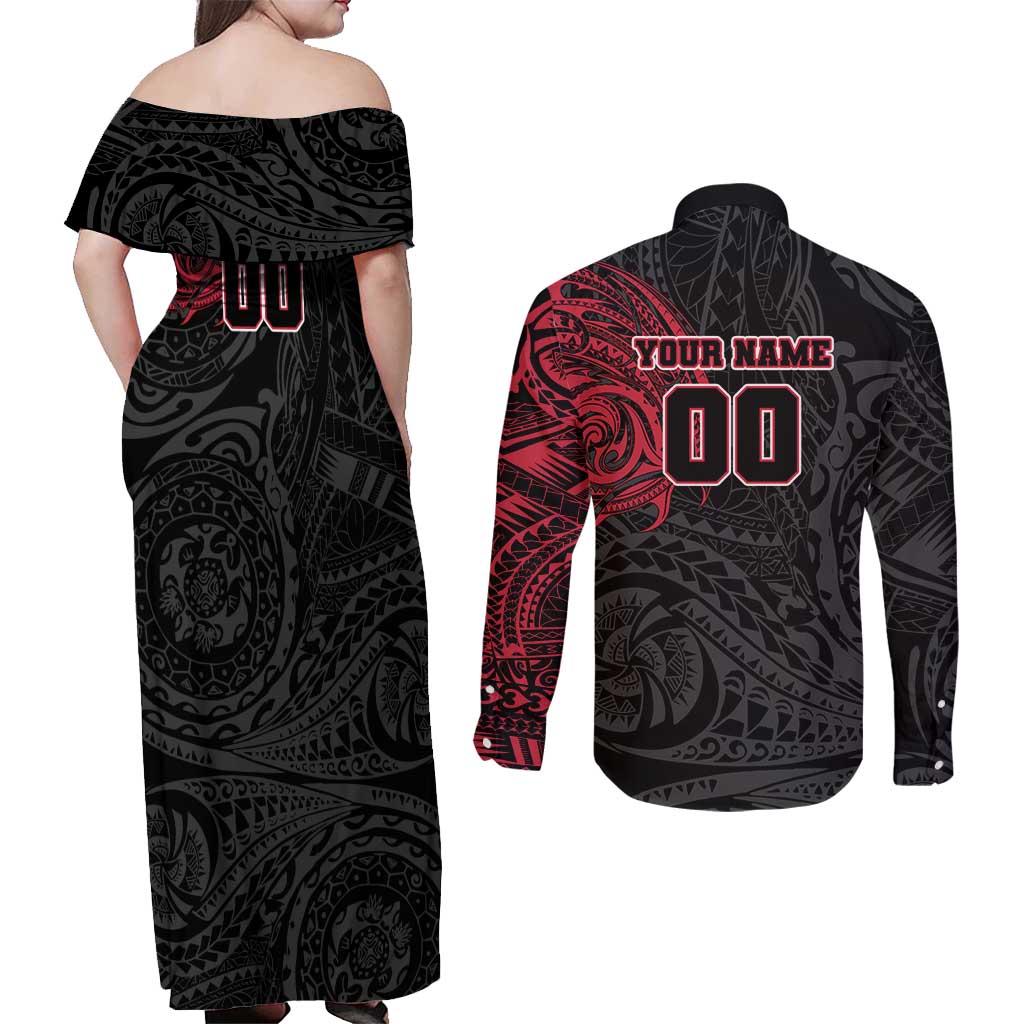 Personalized Essendon Bombers Polynesian Couples Matching Off Shoulder Maxi Dress and Long Sleeve Button Shirt Tribal Chest and Sleeve Tattoo Heritage Warrior