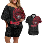 Personalized Essendon Bombers Polynesian Couples Matching Off Shoulder Short Dress and Hawaiian Shirt Tribal Chest and Sleeve Tattoo Heritage Warrior