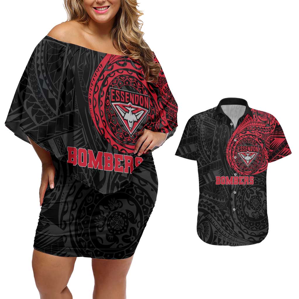 Personalized Essendon Bombers Polynesian Couples Matching Off Shoulder Short Dress and Hawaiian Shirt Tribal Chest and Sleeve Tattoo Heritage Warrior