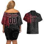 Personalized Essendon Bombers Polynesian Couples Matching Off Shoulder Short Dress and Hawaiian Shirt Tribal Chest and Sleeve Tattoo Heritage Warrior