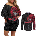 Personalized Essendon Bombers Polynesian Couples Matching Off Shoulder Short Dress and Long Sleeve Button Shirt Tribal Chest and Sleeve Tattoo Heritage Warrior