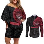 Personalized Essendon Bombers Polynesian Couples Matching Off Shoulder Short Dress and Long Sleeve Button Shirt Tribal Chest and Sleeve Tattoo Heritage Warrior