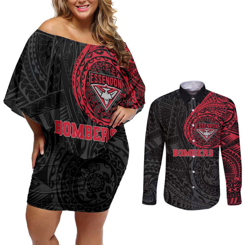 Personalized Essendon Bombers Polynesian Couples Matching Off Shoulder Short Dress and Long Sleeve Button Shirt Tribal Chest and Sleeve Tattoo Heritage Warrior