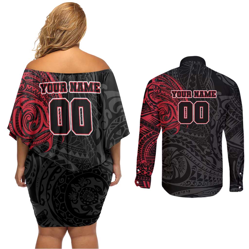 Personalized Essendon Bombers Polynesian Couples Matching Off Shoulder Short Dress and Long Sleeve Button Shirt Tribal Chest and Sleeve Tattoo Heritage Warrior