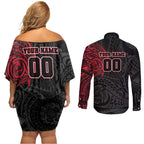 Personalized Essendon Bombers Polynesian Couples Matching Off Shoulder Short Dress and Long Sleeve Button Shirt Tribal Chest and Sleeve Tattoo Heritage Warrior