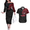Personalized Essendon Bombers Polynesian Couples Matching Off The Shoulder Long Sleeve Dress and Hawaiian Shirt Tribal Chest and Sleeve Tattoo Heritage Warrior