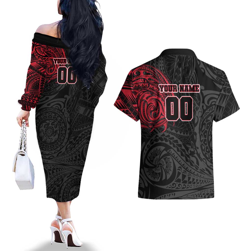 Personalized Essendon Bombers Polynesian Couples Matching Off The Shoulder Long Sleeve Dress and Hawaiian Shirt Tribal Chest and Sleeve Tattoo Heritage Warrior