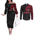 Personalized Essendon Bombers Polynesian Couples Matching Off The Shoulder Long Sleeve Dress and Long Sleeve Button Shirt Tribal Chest and Sleeve Tattoo Heritage Warrior