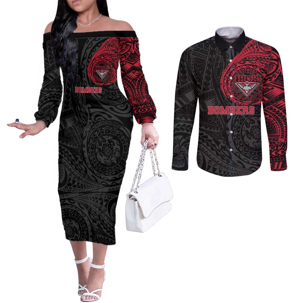 Personalized Essendon Bombers Polynesian Couples Matching Off The Shoulder Long Sleeve Dress and Long Sleeve Button Shirt Tribal Chest and Sleeve Tattoo Heritage Warrior
