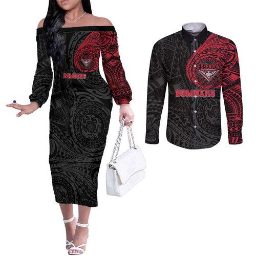 Personalized Essendon Bombers Polynesian Couples Matching Off The Shoulder Long Sleeve Dress and Long Sleeve Button Shirt Tribal Chest and Sleeve Tattoo Heritage Warrior