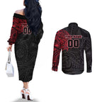Personalized Essendon Bombers Polynesian Couples Matching Off The Shoulder Long Sleeve Dress and Long Sleeve Button Shirt Tribal Chest and Sleeve Tattoo Heritage Warrior