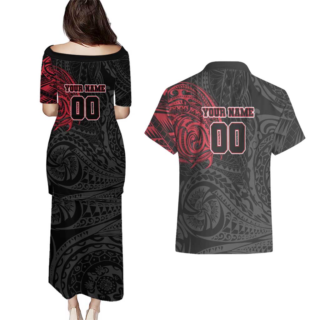 Personalized Essendon Bombers Polynesian Couples Matching Puletasi and Hawaiian Shirt Tribal Chest and Sleeve Tattoo Heritage Warrior