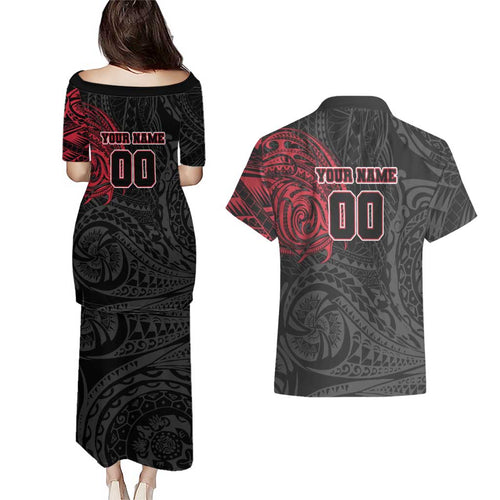 Personalized Essendon Bombers Polynesian Couples Matching Puletasi and Hawaiian Shirt Tribal Chest and Sleeve Tattoo Heritage Warrior