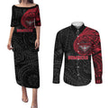 Personalized Essendon Bombers Polynesian Couples Matching Puletasi and Long Sleeve Button Shirt Tribal Chest and Sleeve Tattoo Heritage Warrior