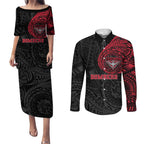 Personalized Essendon Bombers Polynesian Couples Matching Puletasi and Long Sleeve Button Shirt Tribal Chest and Sleeve Tattoo Heritage Warrior