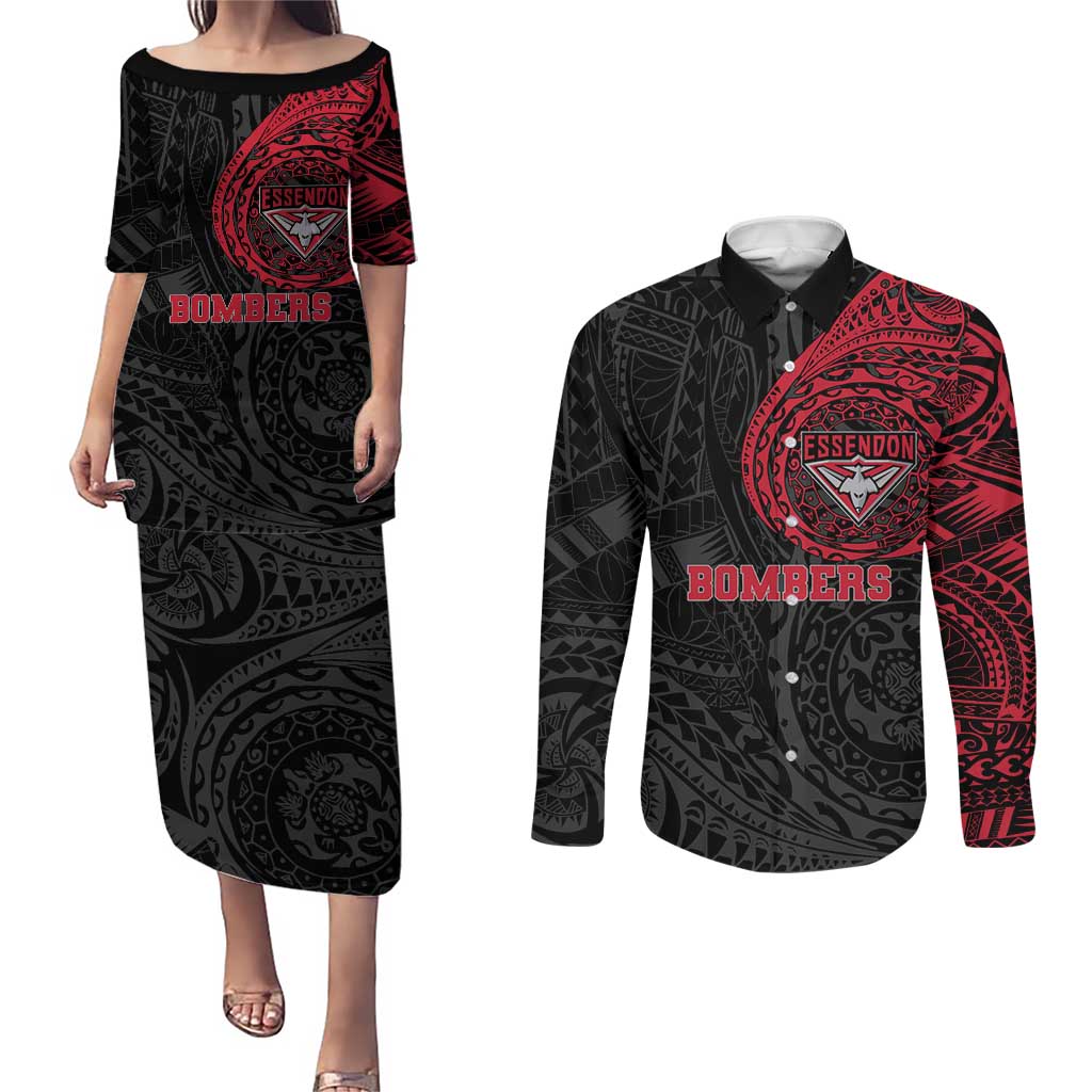 Personalized Essendon Bombers Polynesian Couples Matching Puletasi and Long Sleeve Button Shirt Tribal Chest and Sleeve Tattoo Heritage Warrior