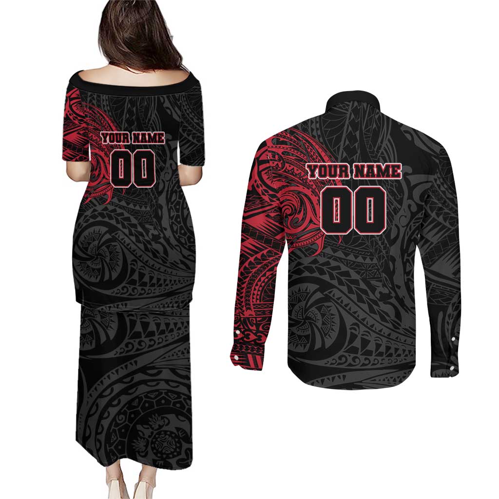 Personalized Essendon Bombers Polynesian Couples Matching Puletasi and Long Sleeve Button Shirt Tribal Chest and Sleeve Tattoo Heritage Warrior