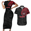 Personalized Essendon Bombers Polynesian Couples Matching Short Sleeve Bodycon Dress and Hawaiian Shirt Tribal Chest and Sleeve Tattoo Heritage Warrior