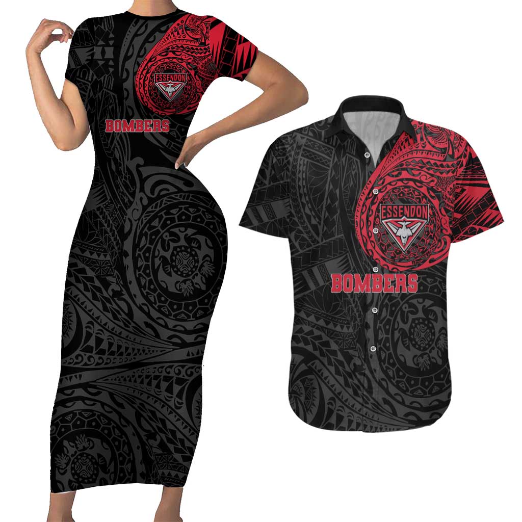 Personalized Essendon Bombers Polynesian Couples Matching Short Sleeve Bodycon Dress and Hawaiian Shirt Tribal Chest and Sleeve Tattoo Heritage Warrior