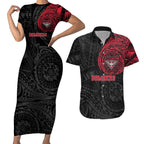 Personalized Essendon Bombers Polynesian Couples Matching Short Sleeve Bodycon Dress and Hawaiian Shirt Tribal Chest and Sleeve Tattoo Heritage Warrior