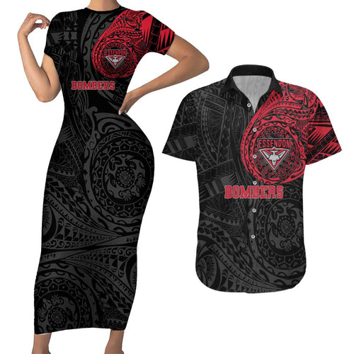 Personalized Essendon Bombers Polynesian Couples Matching Short Sleeve Bodycon Dress and Hawaiian Shirt Tribal Chest and Sleeve Tattoo Heritage Warrior