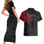 Personalized Essendon Bombers Polynesian Couples Matching Short Sleeve Bodycon Dress and Hawaiian Shirt Tribal Chest and Sleeve Tattoo Heritage Warrior