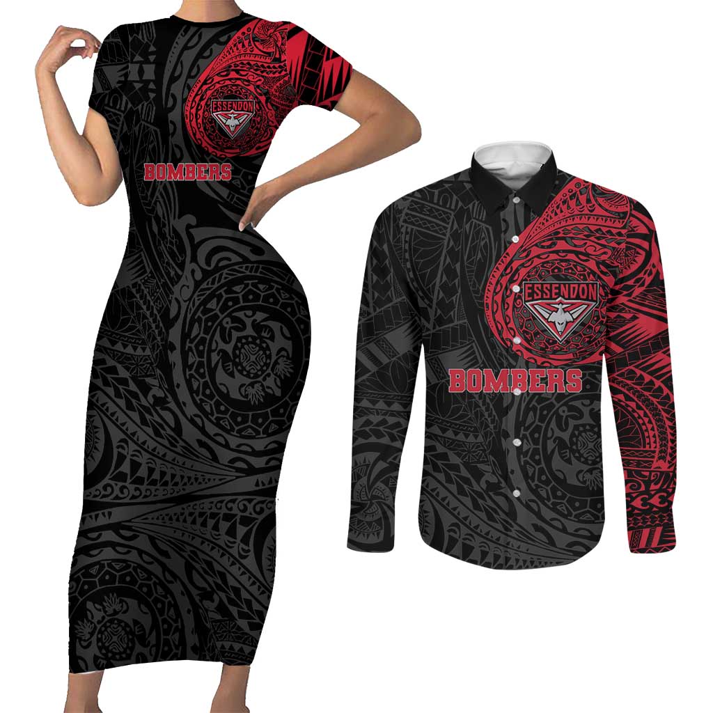 Personalized Essendon Bombers Polynesian Couples Matching Short Sleeve Bodycon Dress and Long Sleeve Button Shirt Tribal Chest and Sleeve Tattoo Heritage Warrior