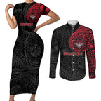 Personalized Essendon Bombers Polynesian Couples Matching Short Sleeve Bodycon Dress and Long Sleeve Button Shirt Tribal Chest and Sleeve Tattoo Heritage Warrior