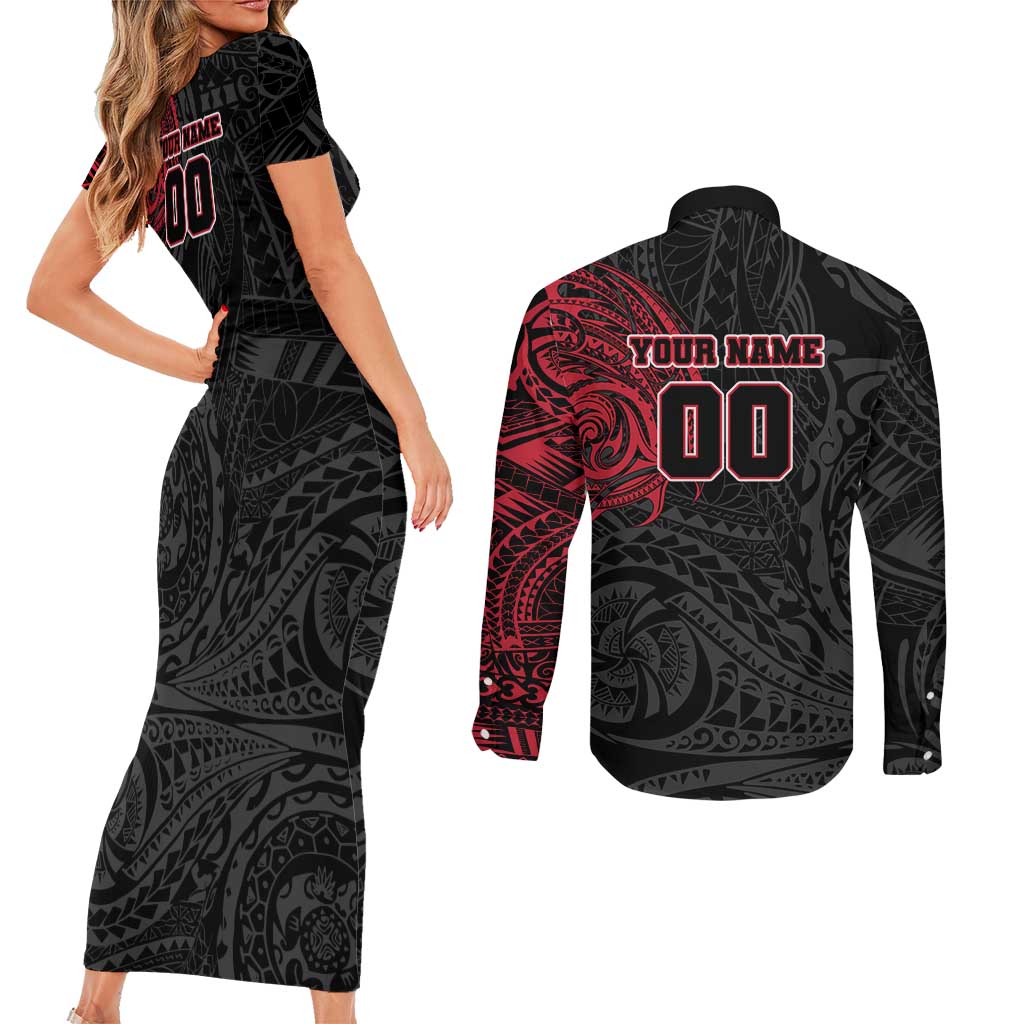 Personalized Essendon Bombers Polynesian Couples Matching Short Sleeve Bodycon Dress and Long Sleeve Button Shirt Tribal Chest and Sleeve Tattoo Heritage Warrior
