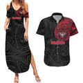 Personalized Essendon Bombers Polynesian Couples Matching Summer Maxi Dress and Hawaiian Shirt Tribal Chest and Sleeve Tattoo Heritage Warrior