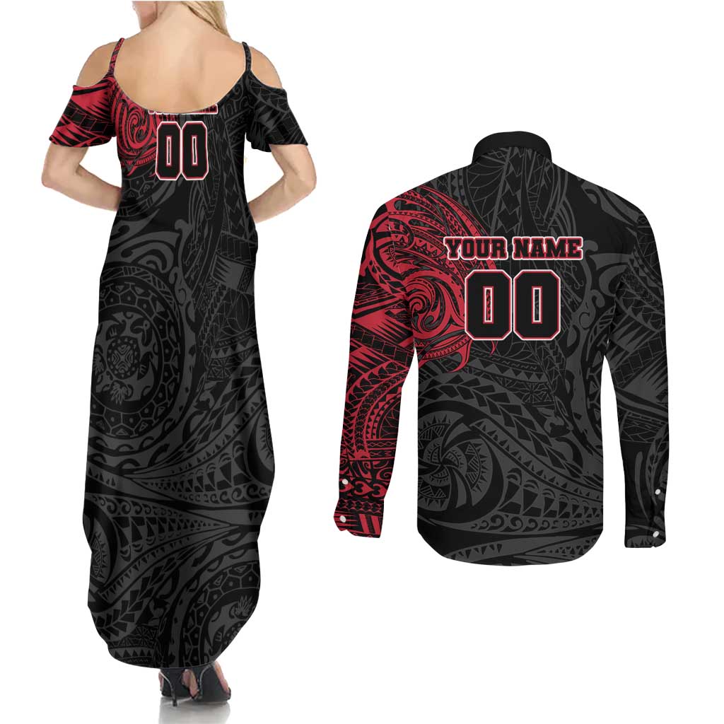 Personalized Essendon Bombers Polynesian Couples Matching Summer Maxi Dress and Long Sleeve Button Shirt Tribal Chest and Sleeve Tattoo Heritage Warrior