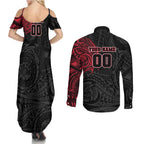 Personalized Essendon Bombers Polynesian Couples Matching Summer Maxi Dress and Long Sleeve Button Shirt Tribal Chest and Sleeve Tattoo Heritage Warrior