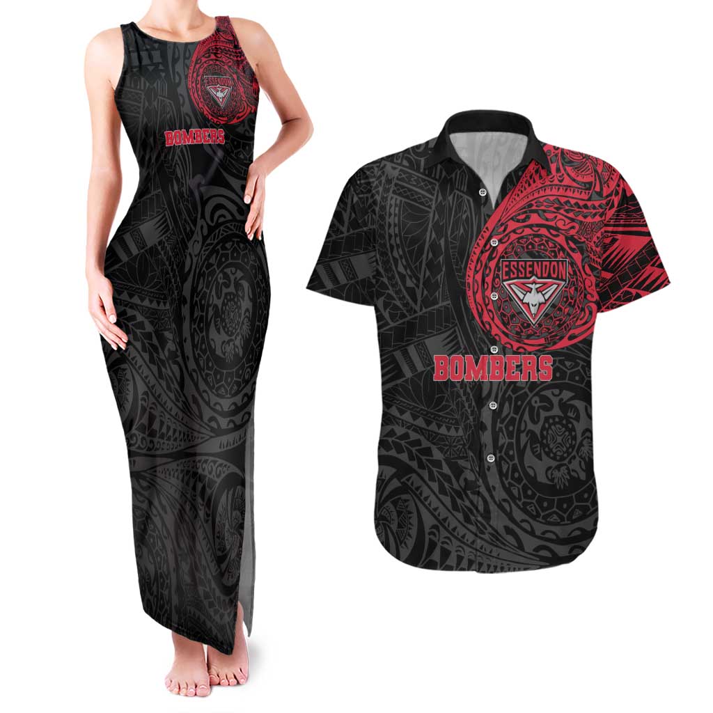 Personalized Essendon Bombers Polynesian Couples Matching Tank Maxi Dress and Hawaiian Shirt Tribal Chest and Sleeve Tattoo Heritage Warrior