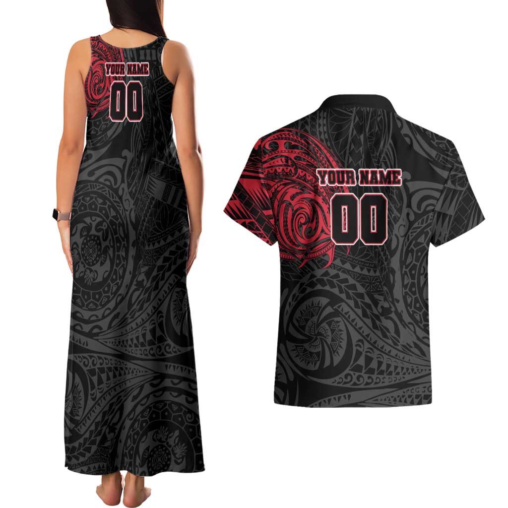 Personalized Essendon Bombers Polynesian Couples Matching Tank Maxi Dress and Hawaiian Shirt Tribal Chest and Sleeve Tattoo Heritage Warrior