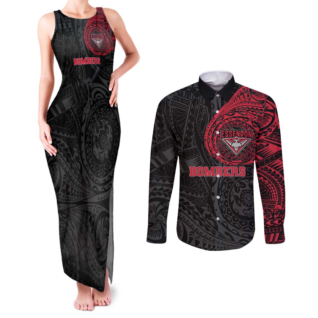 Personalized Essendon Bombers Polynesian Couples Matching Tank Maxi Dress and Long Sleeve Button Shirt Tribal Chest and Sleeve Tattoo Heritage Warrior