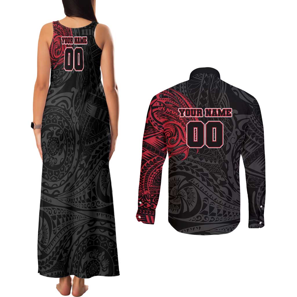 Personalized Essendon Bombers Polynesian Couples Matching Tank Maxi Dress and Long Sleeve Button Shirt Tribal Chest and Sleeve Tattoo Heritage Warrior