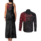 Personalized Essendon Bombers Polynesian Couples Matching Tank Maxi Dress and Long Sleeve Button Shirt Tribal Chest and Sleeve Tattoo Heritage Warrior