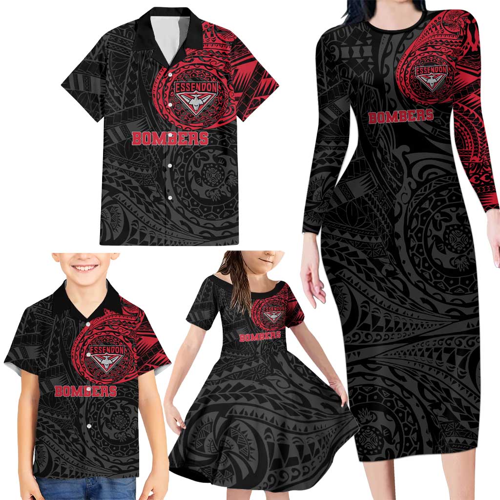 Personalized Essendon Bombers Polynesian Family Matching Long Sleeve Bodycon Dress and Hawaiian Shirt Tribal Chest and Sleeve Tattoo Heritage Warrior