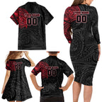 Personalized Essendon Bombers Polynesian Family Matching Long Sleeve Bodycon Dress and Hawaiian Shirt Tribal Chest and Sleeve Tattoo Heritage Warrior