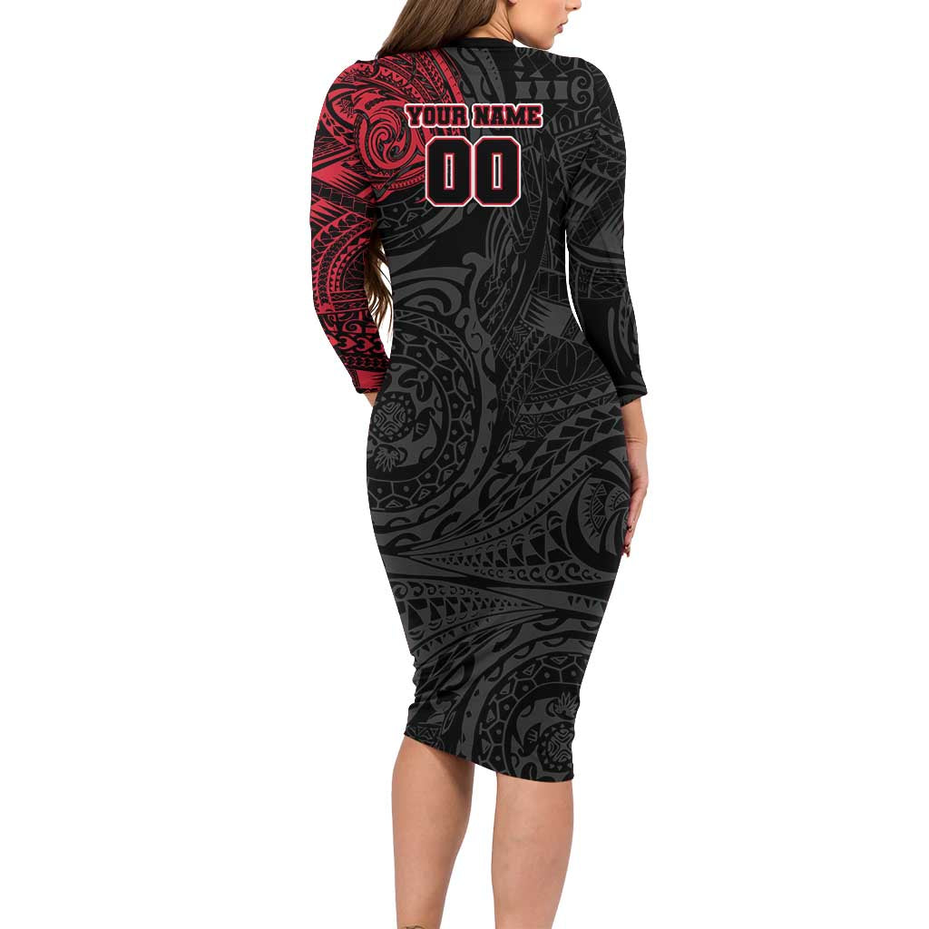 Personalized Essendon Bombers Polynesian Family Matching Long Sleeve Bodycon Dress and Hawaiian Shirt Tribal Chest and Sleeve Tattoo Heritage Warrior