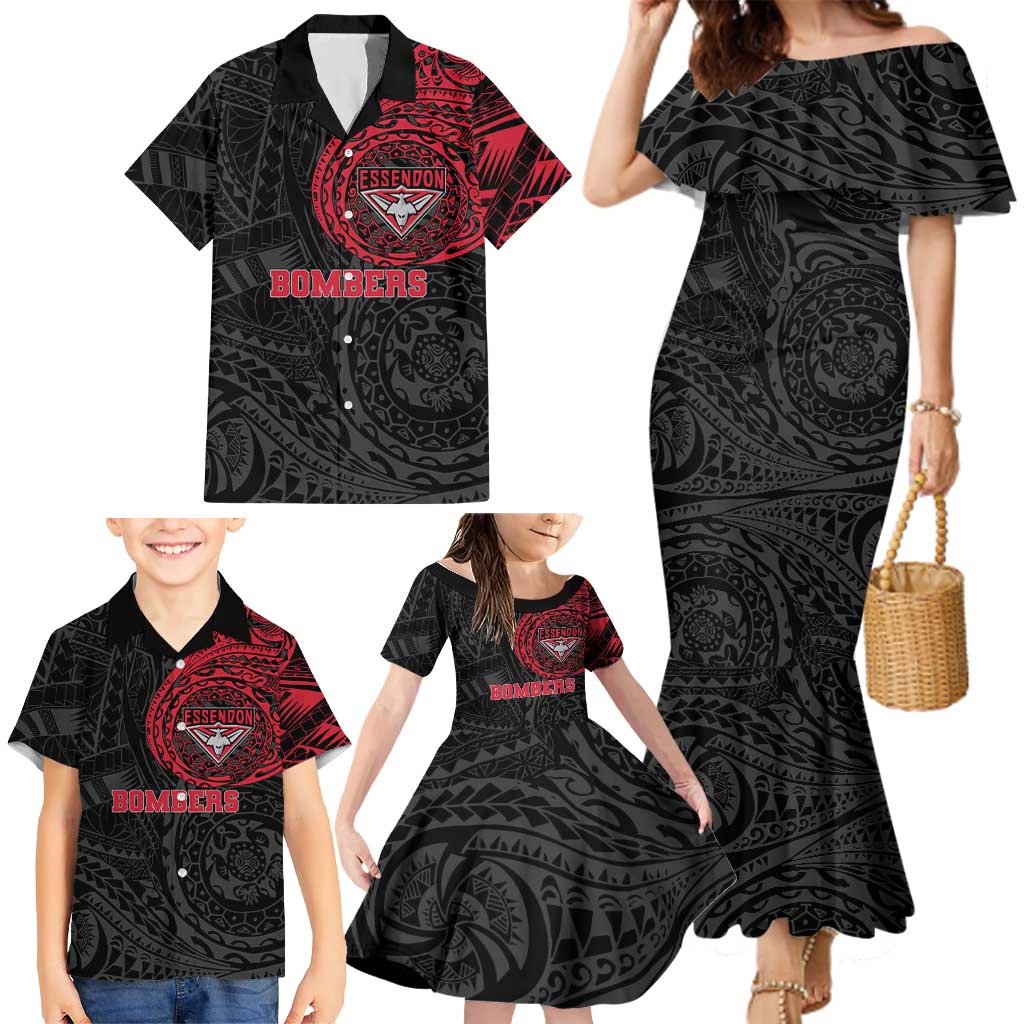 Personalized Essendon Bombers Polynesian Family Matching Mermaid Dress and Hawaiian Shirt Tribal Chest and Sleeve Tattoo Heritage Warrior